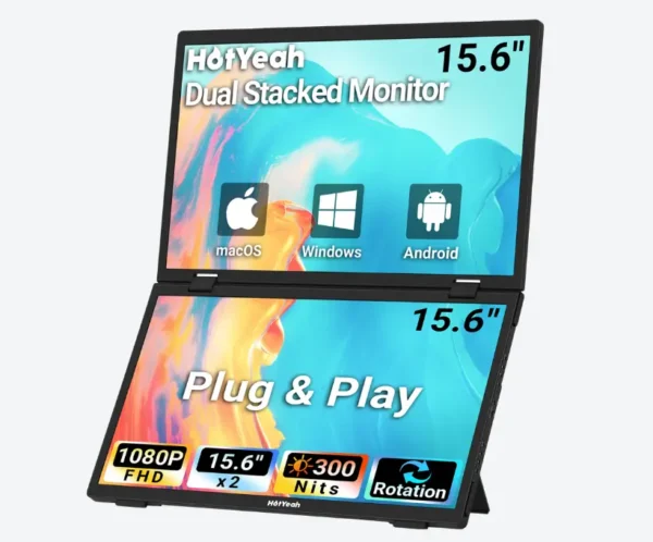 S156P31D HotYeah Triple Laptop Screen Extender, 15.6'' Dual Stacked Monitor (Windows/MAC), USB-C HDMI 1080P IPS, Plug & Play, Folding Extended Monitor Extender w/ Kickstand & 180° Rotation
